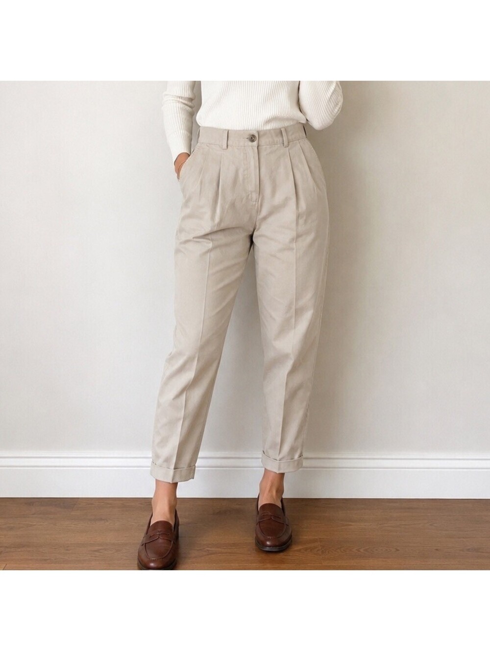 L.L.Bean Original Fit Pants 6 Petite Beige Cotton Pleated Chino Trousers Preppy